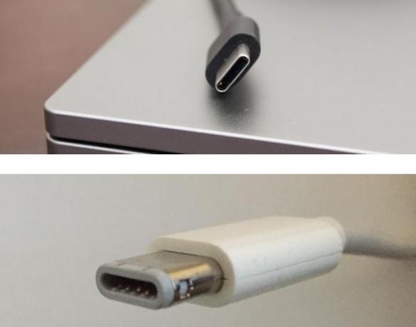 USB-C augšpusē, Apple Cinema Display barošanas vads apakšā.