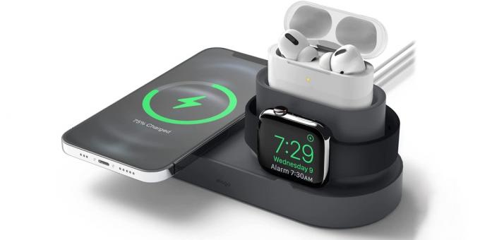 Nabíjecí rozbočovač Elago MS1 Trio nabíjí telefony iPhone, Apple Watch a Airpods.