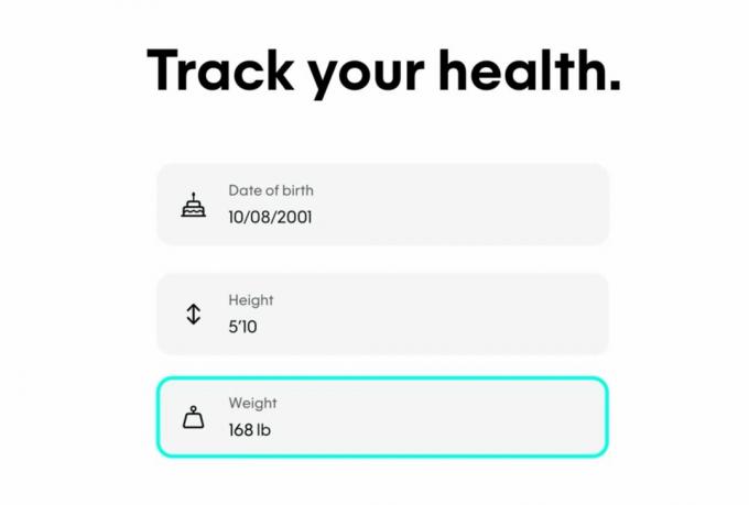 Zrzut ekranu przedstawiający makietę interfejsu z napisem „Śledź swoje zdrowie”. z trzema podstawowymi polami tekstowymi poniżej: data urodzenia, wzrost i waga.