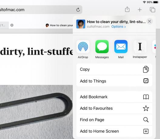 Det nya iOS 13 -aktiebladet i Safari.