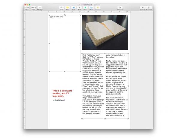 Šeit lapā Pages for Mac ir redzami divi tekstlodziņi, kas ir gatavi saistīšanai.
