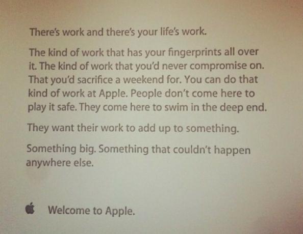 Tato inspirativní poznámka je věnována každému zaměstnanci Apple první den v práci.
