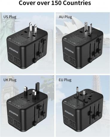 Adaptor de călătorie universal Momax 65W GaN prezentat cu cele patru adaptoare încorporate care funcționează în peste 150 de țări.