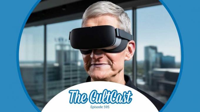 CultCast 595: AI-genererad bild av Apples vd Tim Cook som bär ett ARVR-headset, tillsammans med CultCast-logotypen.