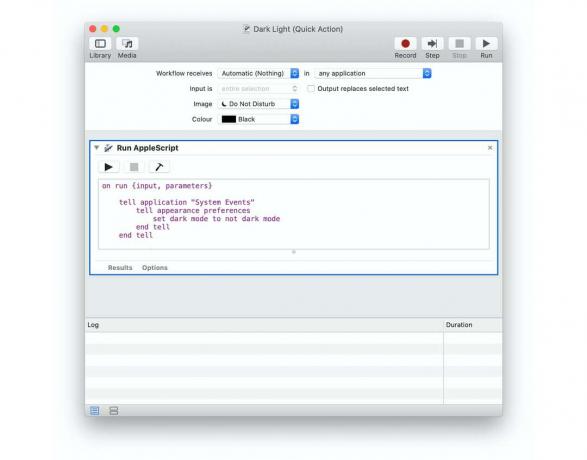 Karanlık Mod geçiş eylemi, bir AppleScript için yalnızca basit bir sarmalayıcıdır.