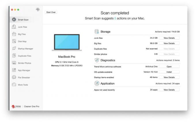 „Cleaner One Pro Smart Scan“ siūlo paprastus pasiūlymus, kaip optimizuoti „Mac“ našumą.