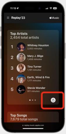 Screenshot von Apple Music Replay mit der Schaltfläche „Blatt teilen“.
